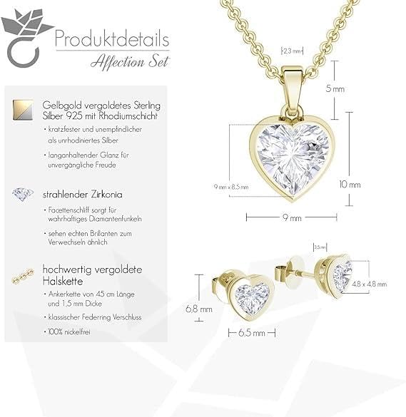 AMOONIC Damen Schmuck-Geschenkset mit vergoldetem 925 Sterling Silber: Kette-Ohrring-Halskette