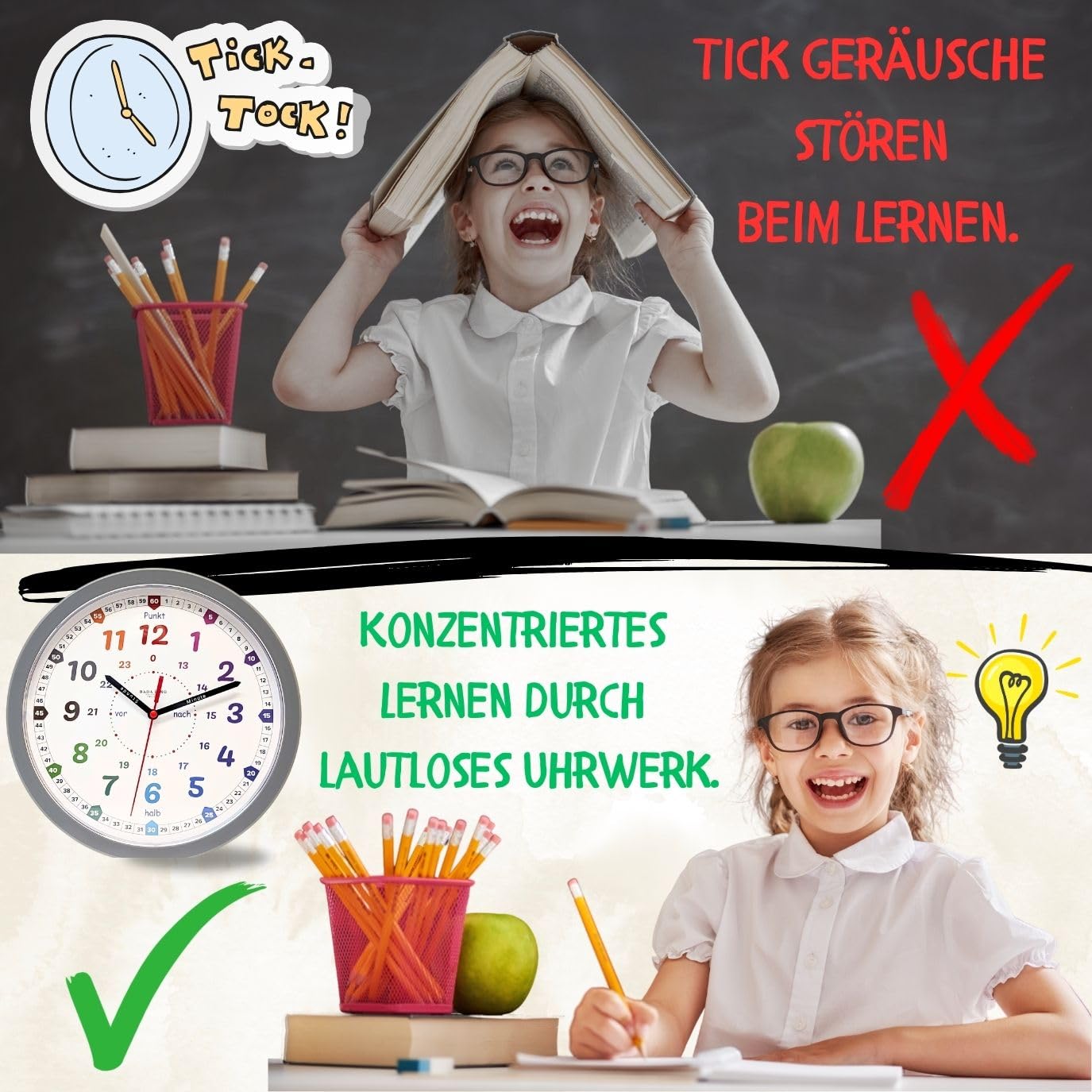 Bada Bing Montessori Wanduhr für Kinder mit bruchfeste Acrylglasscheibe: Lernuhr ohne Tickgeräusche