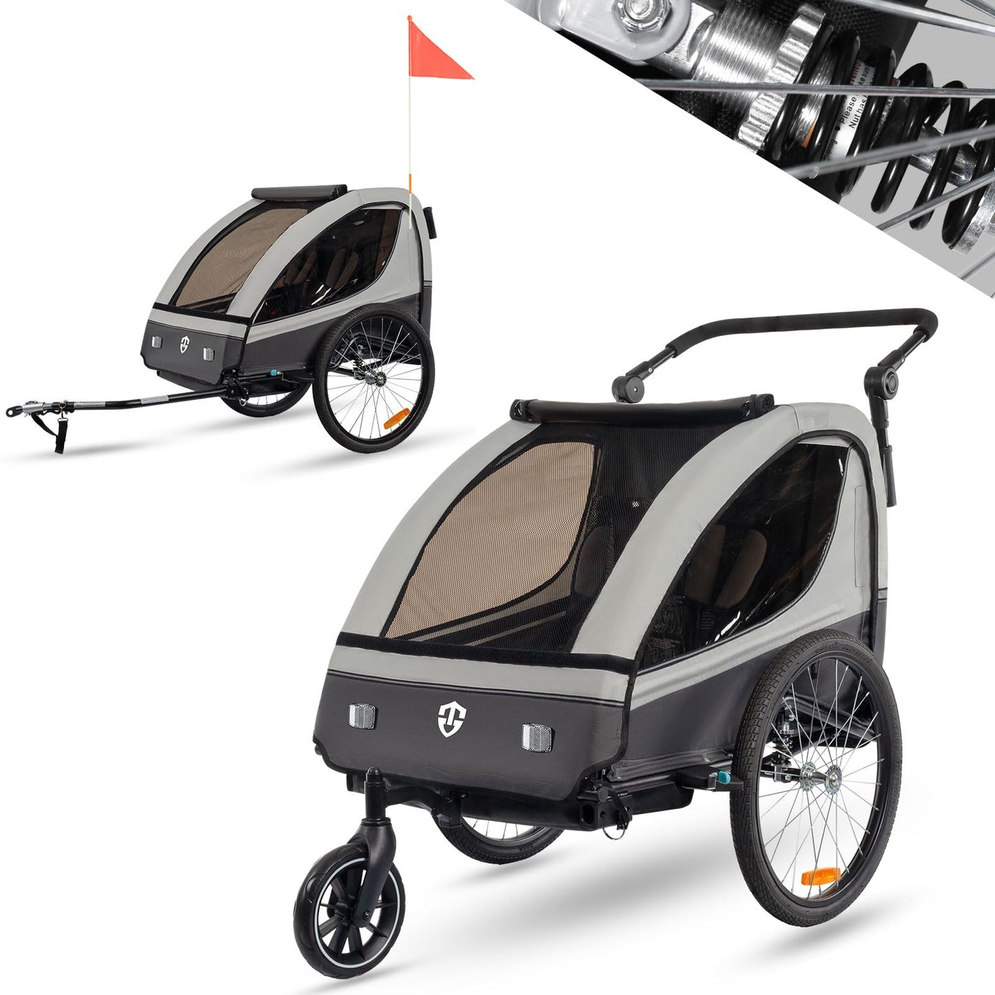Tiggo 2-in-1 Bicycle Trailer with Buggy Set: 360° Rotatable with Suspension - max. 40 kg (Gray)