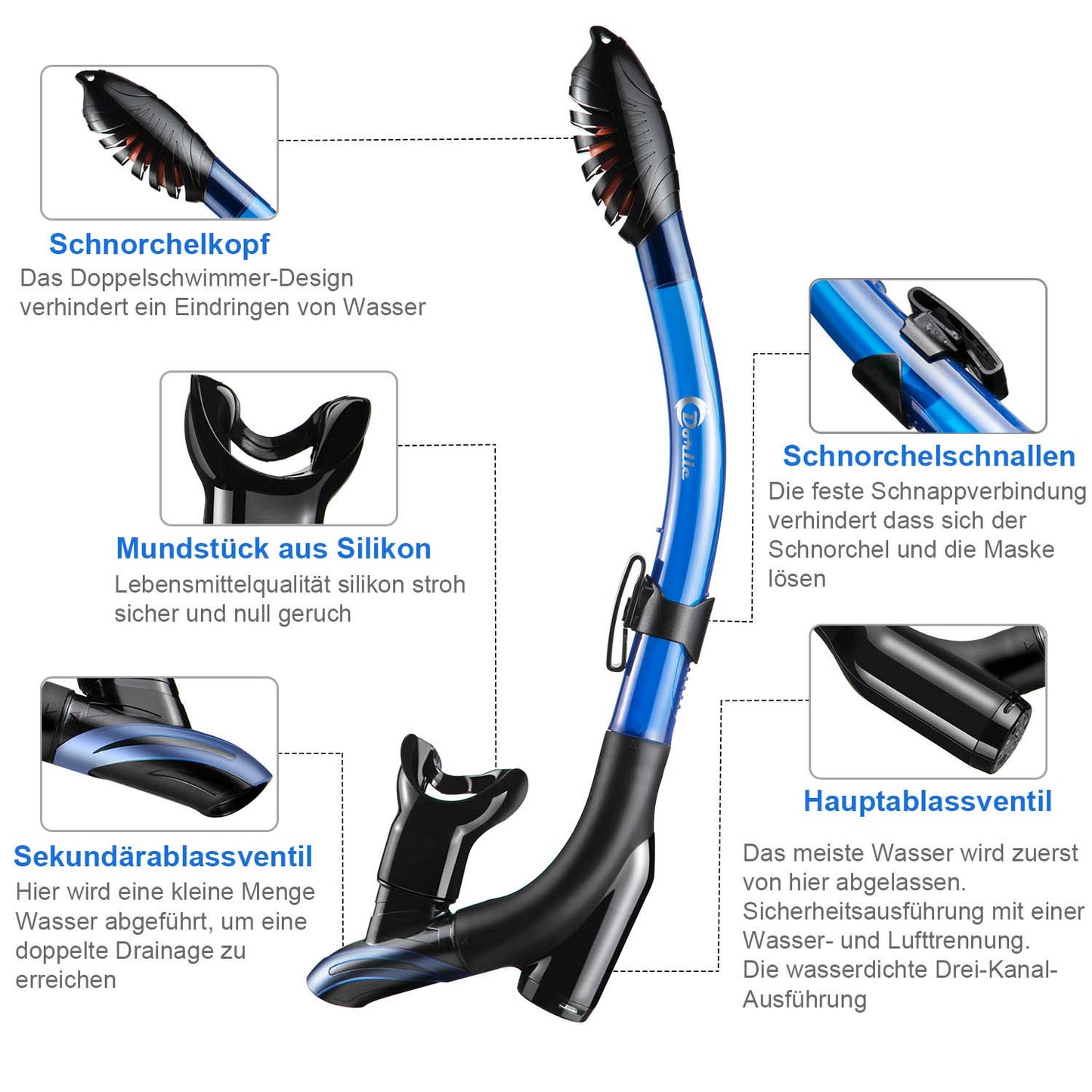 Set with snorkel and diving mask: Anti-fog 3-channel diving mask made of tempered glass
