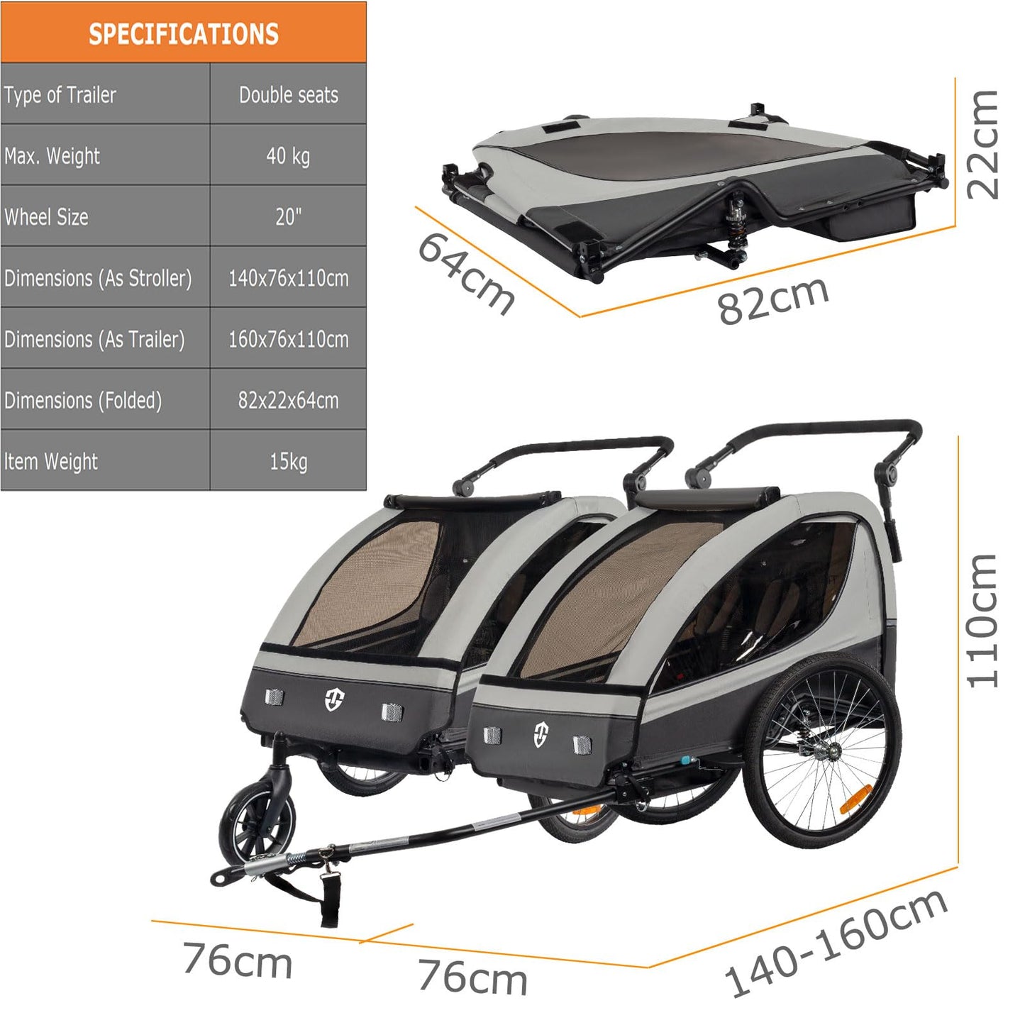 Tiggo 2-in-1 Bicycle Trailer with Buggy Set: 360° Rotatable with Suspension - max. 40 kg (Gray)