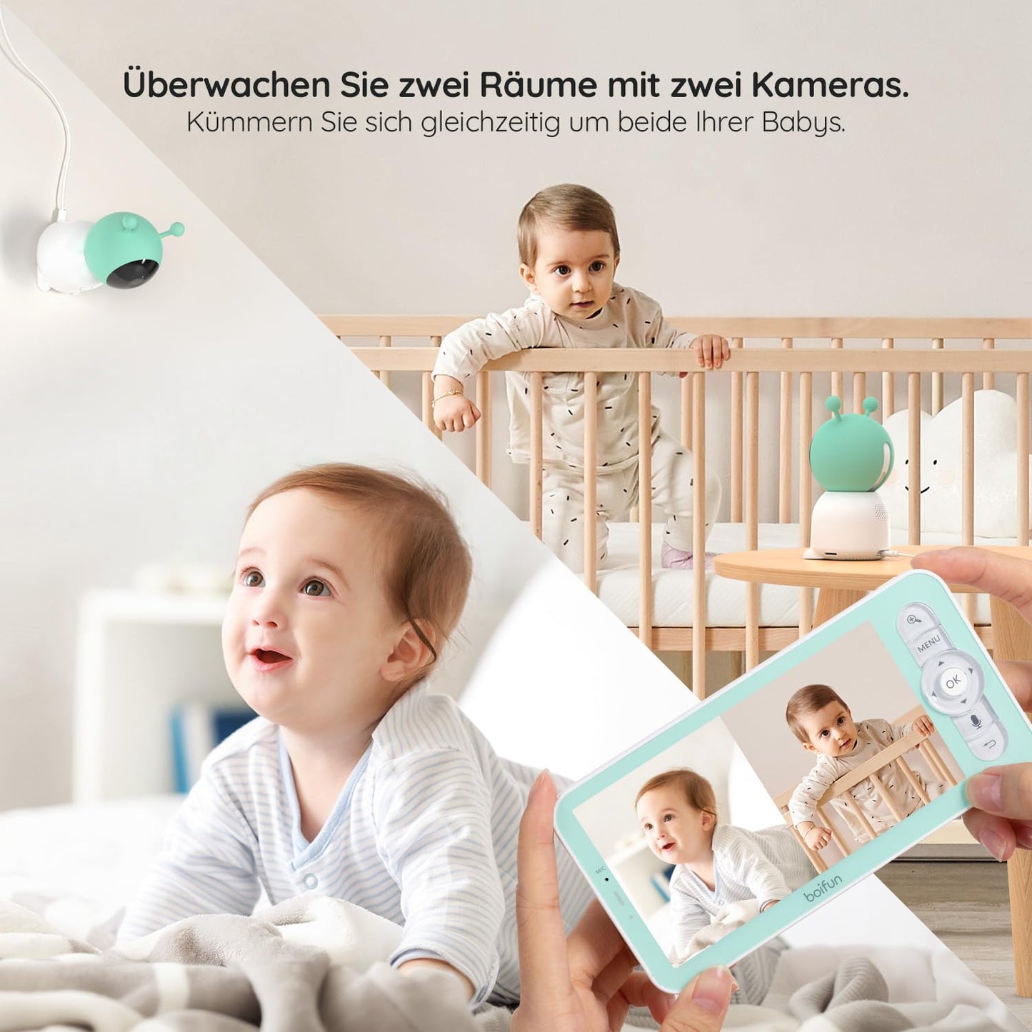 BOIFUN baby monitor with 2 cameras & app control: 2K HD, 4× zoom, sound detection