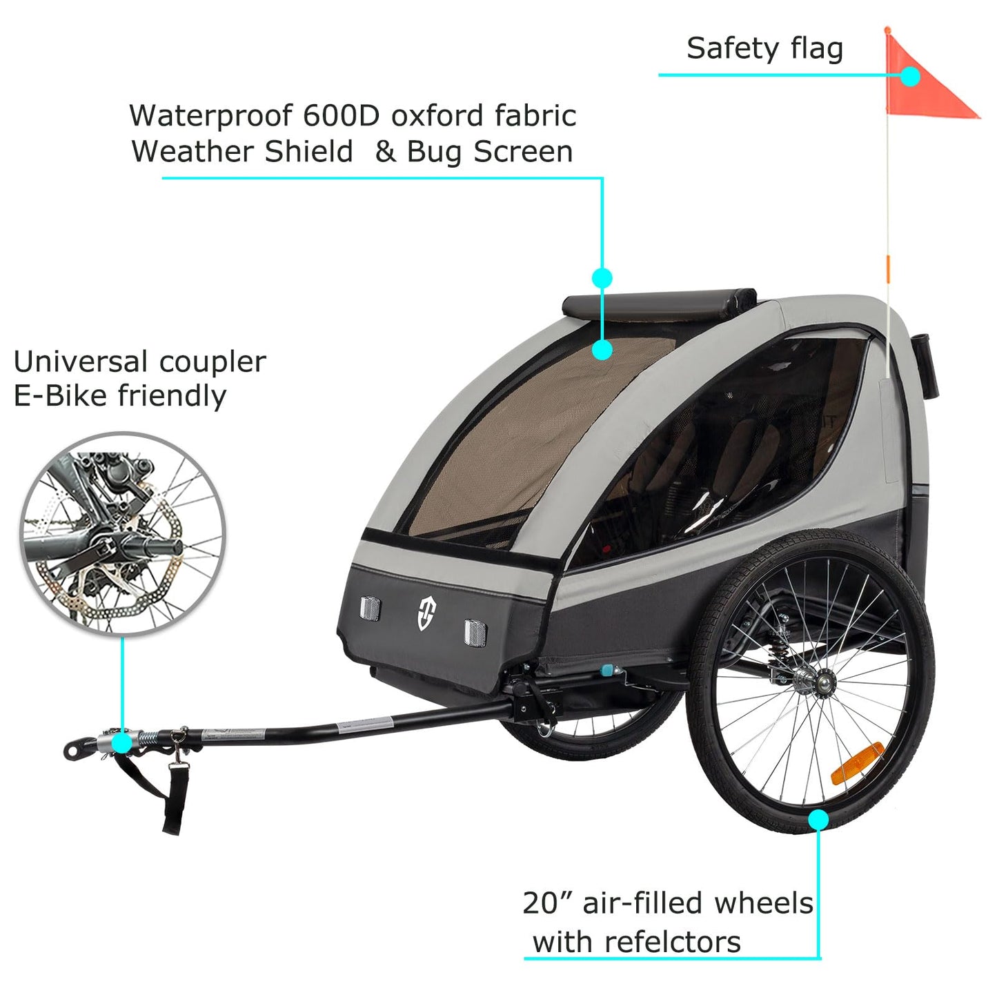 Tiggo 2-in-1 Bicycle Trailer with Buggy Set: 360° Rotatable with Suspension - max. 40 kg (Gray)