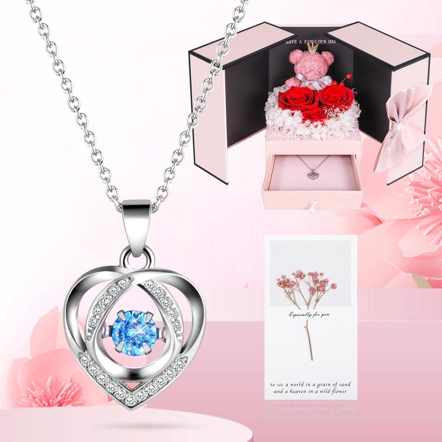 Ewige Rose mit Herz-Halskette für Damen aus Silber 925: inkl. Geschenkbox