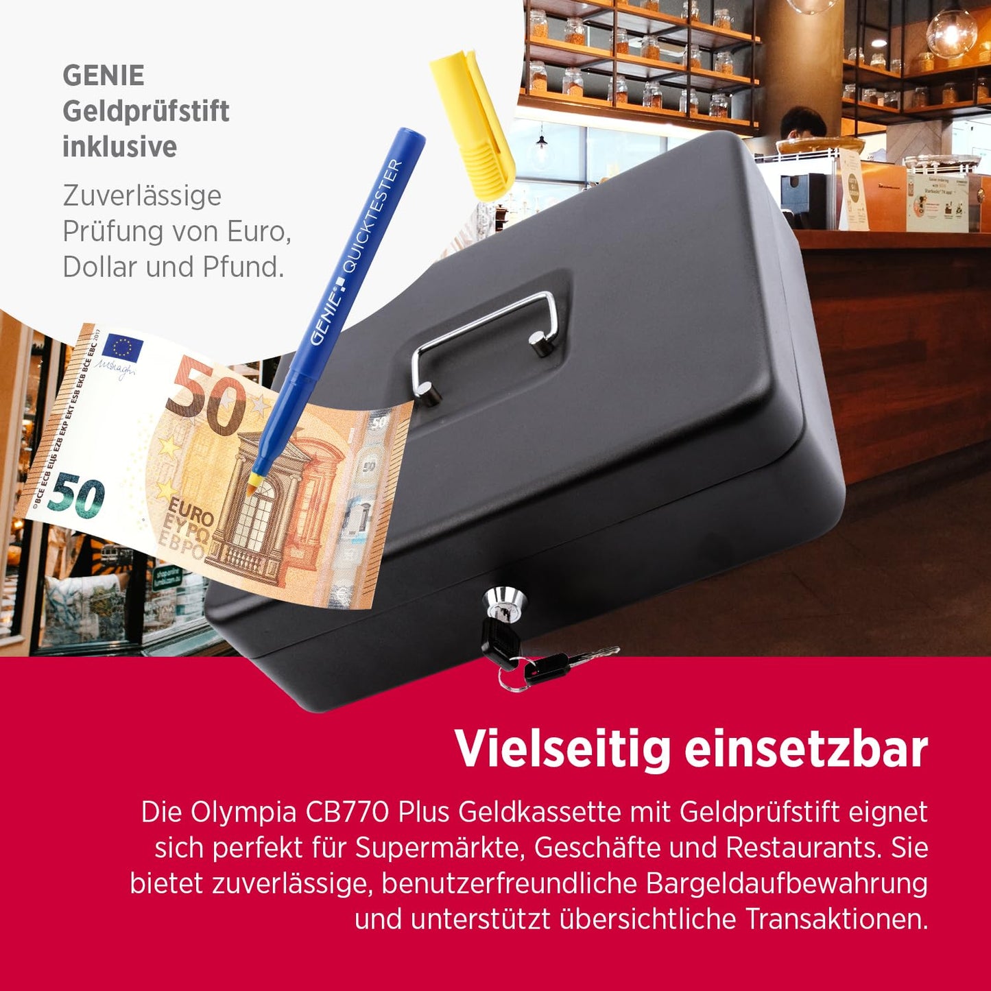 Olympia (6031 CB 770 Plus) cashbox: Lockable with key & coin counting board including counterfeit detector