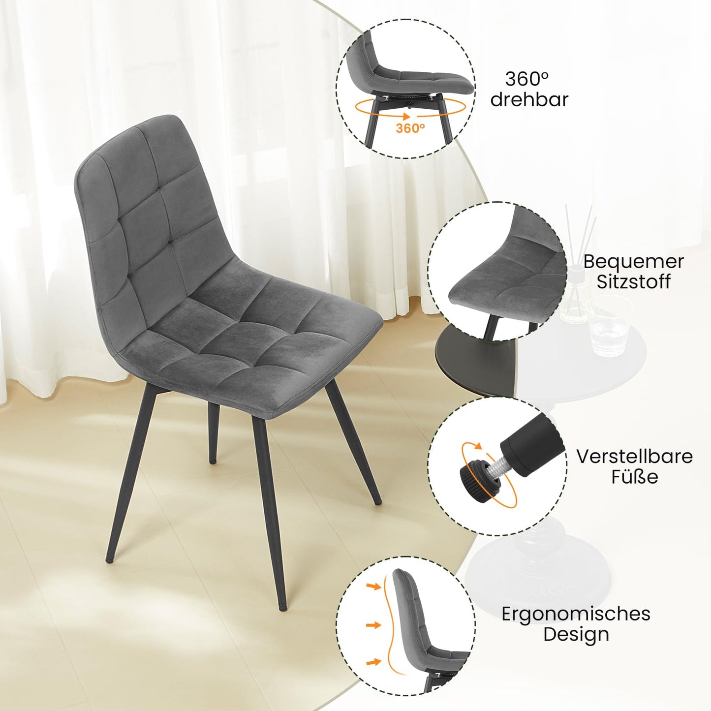 EUGAD Set of 4 Dining Chairs: Swivel Kitchen Upholstered Chair with Metal Legs (Dark Grey)