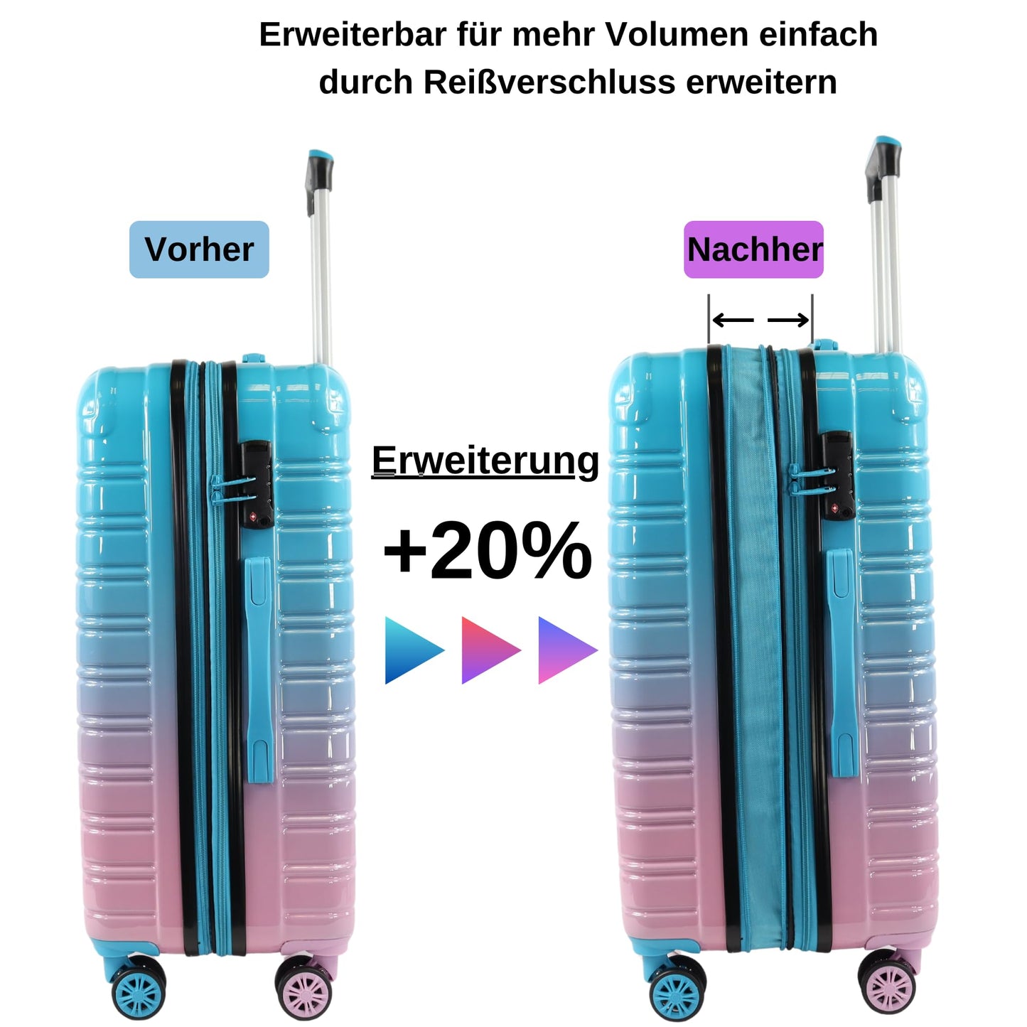 BLADE hard-shell travel suitcase set (3 pieces) with TSA lock: Expandable (Blue-Pink)