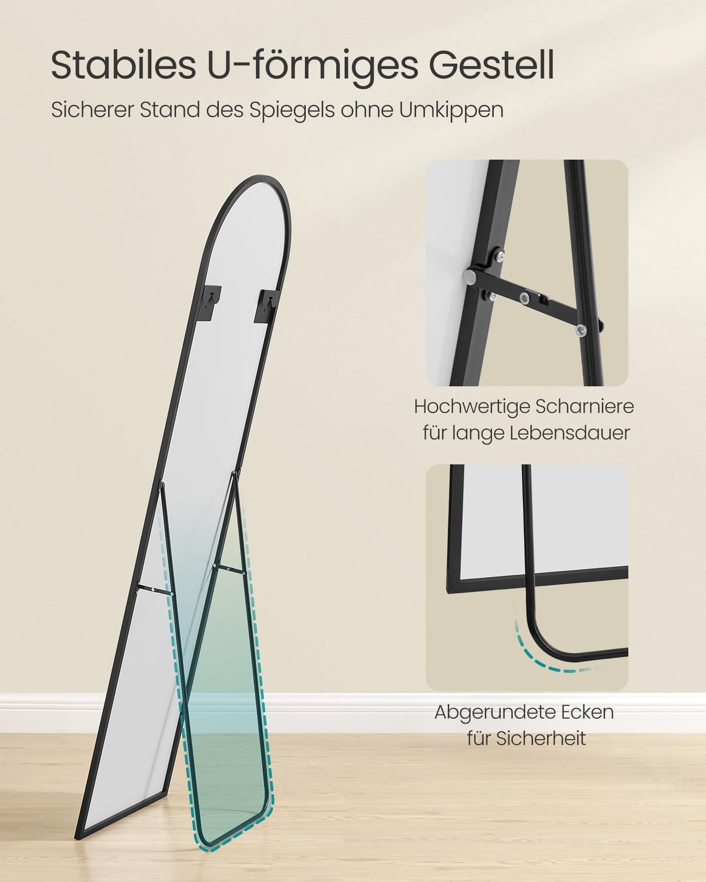 SONGMICS Bogenförmiger Ganzkörperspiegel: Rahmen aus Aluminiumlegierung, Hartglas