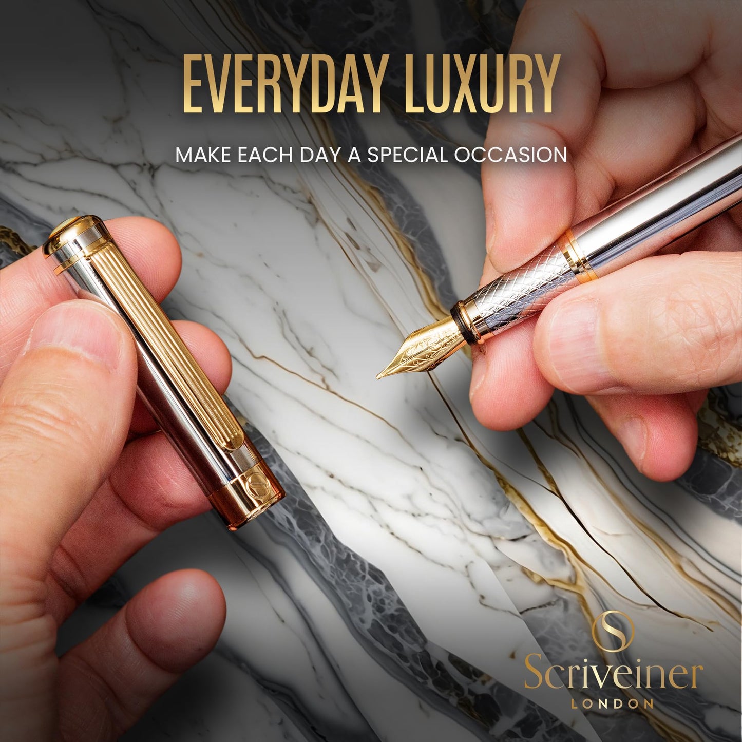 Scriveiner Silver Fountain Pen with Real Gold Finish, Schmidt Gold-Plated Nib (Medium), Best Gift for Men and Women, Managers, Executives (Silver Chrome)