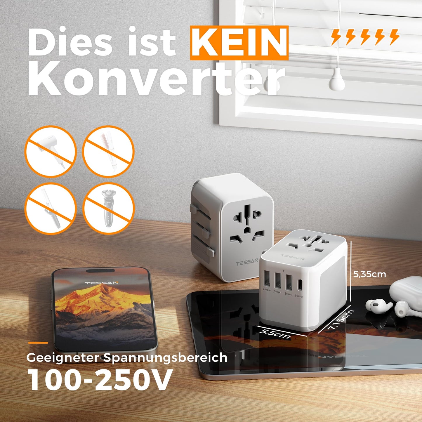 TESSAN Universal Travel Adapter with 3 USB-A and 1 USB-C: International Power Outlet Adapter