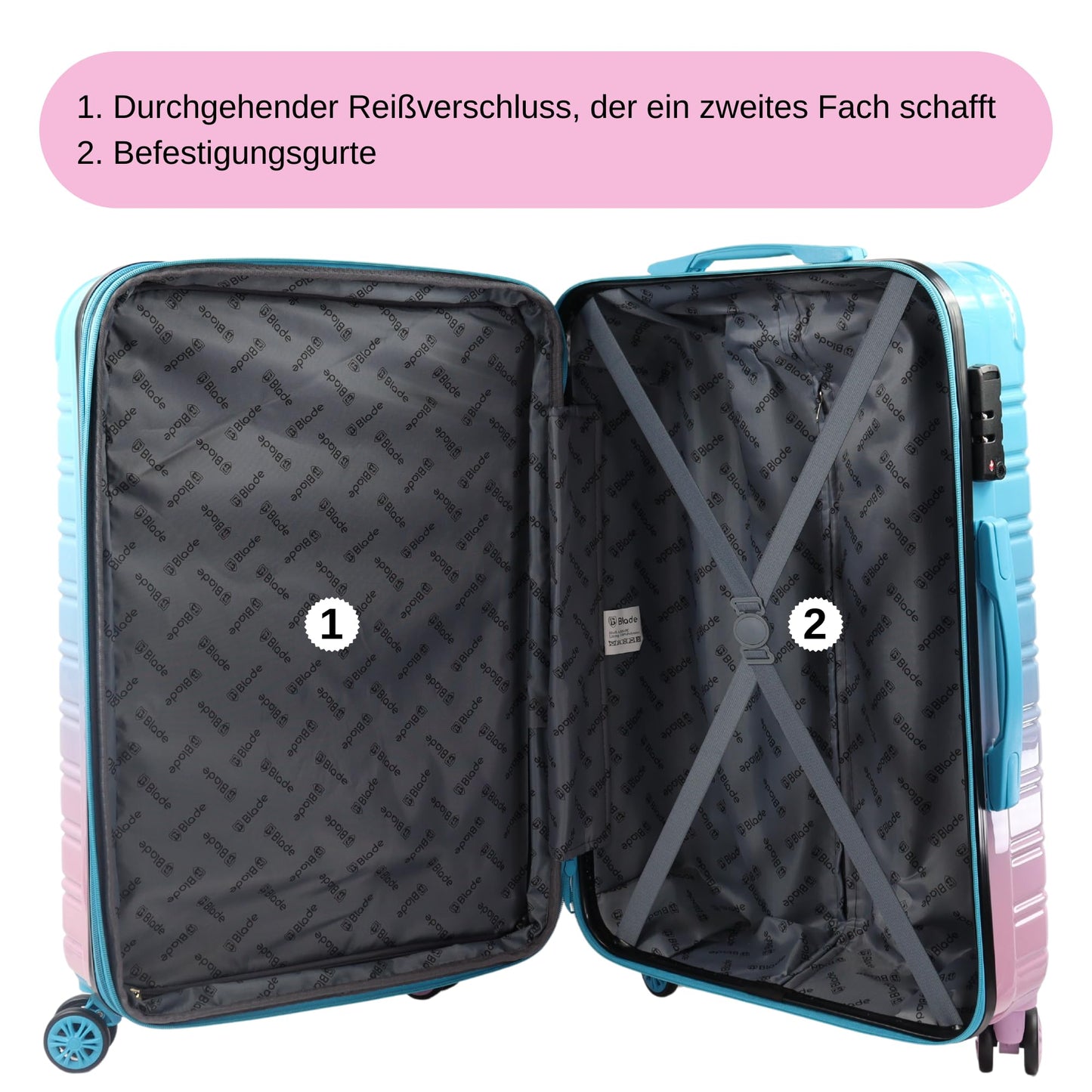 BLADE hard-shell travel suitcase set (3 pieces) with TSA lock: Expandable (Blue-Pink)