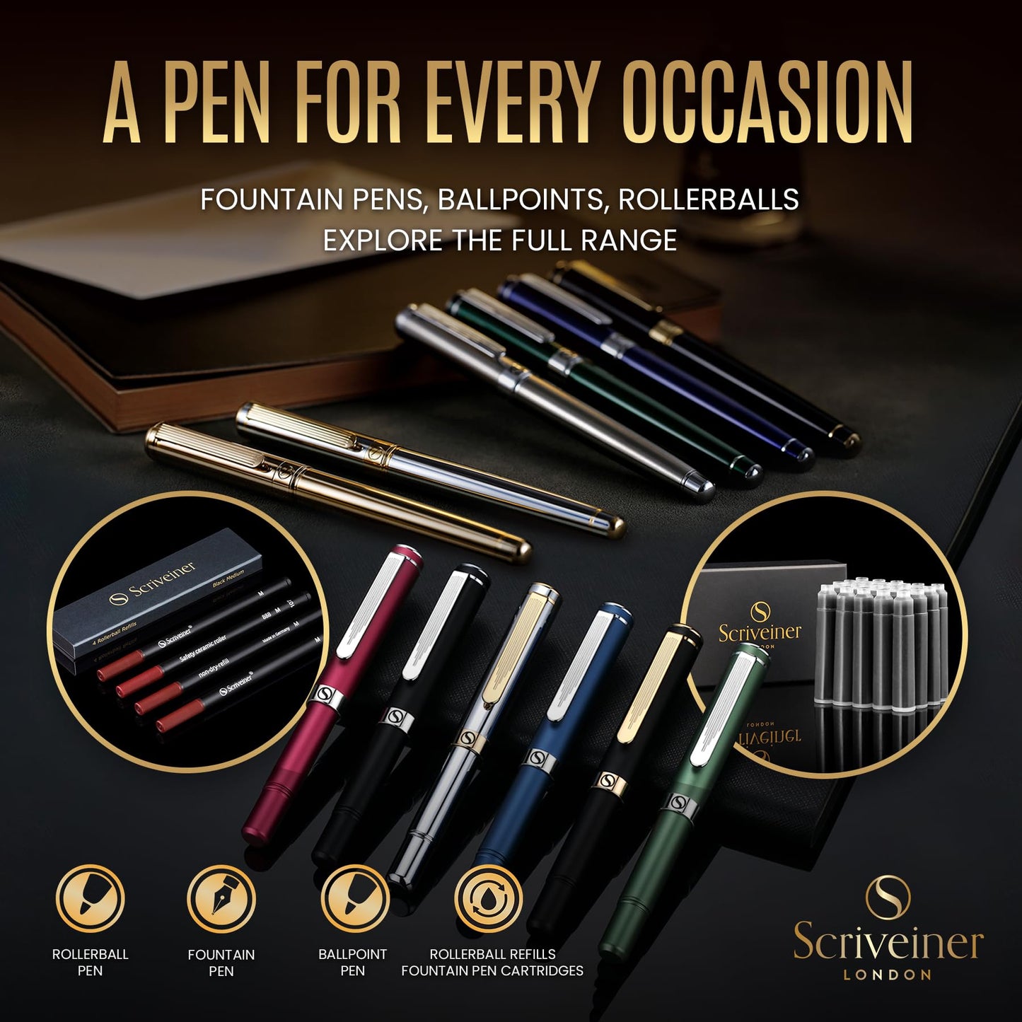 Scriveiner Silver Fountain Pen with Real Gold Finish, Schmidt Gold-Plated Nib (Medium), Best Gift for Men and Women, Managers, Executives (Silver Chrome)