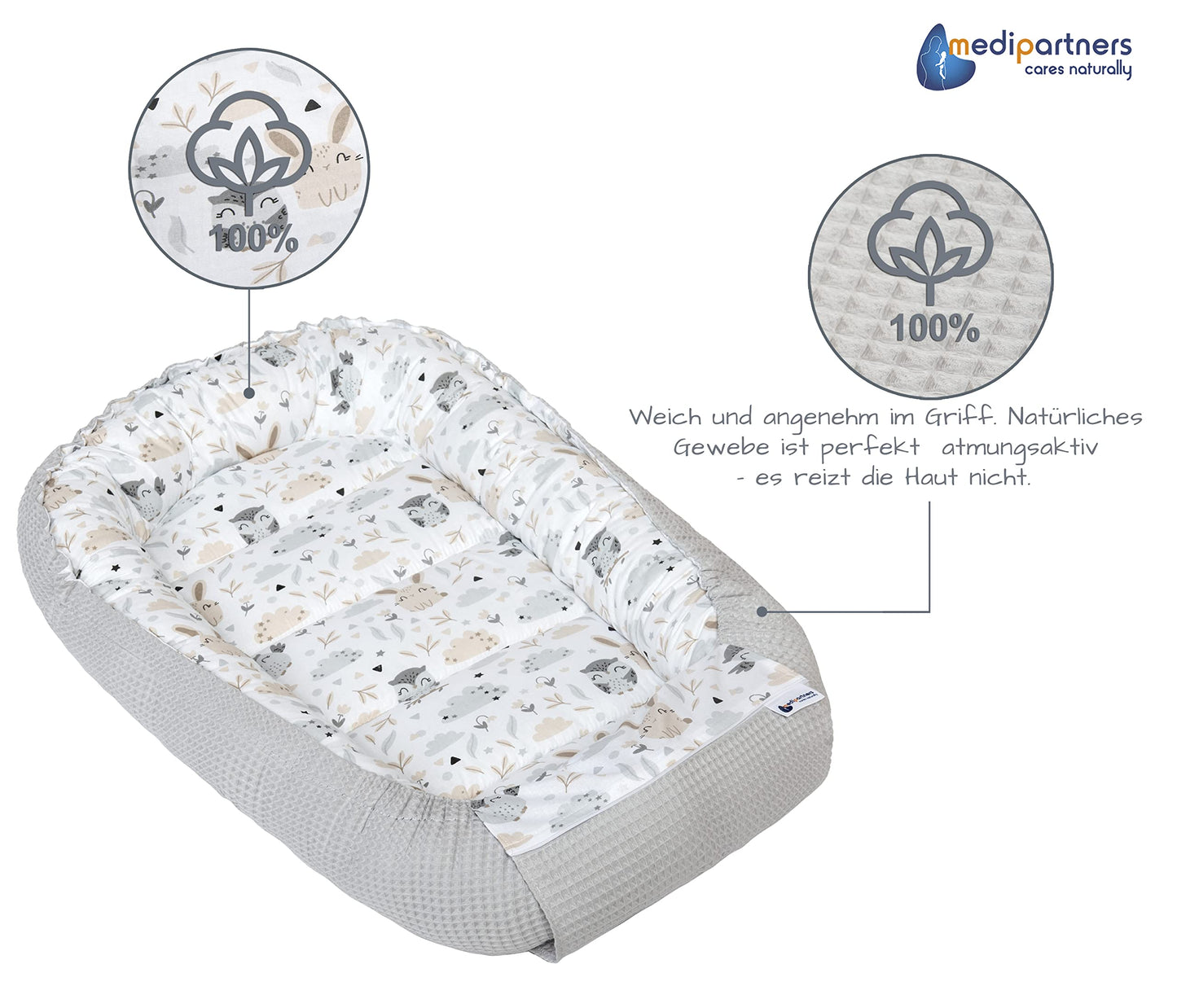 Medi Partners baby nest for newborns made of 100% cotton (100x60x15cm): owl motif