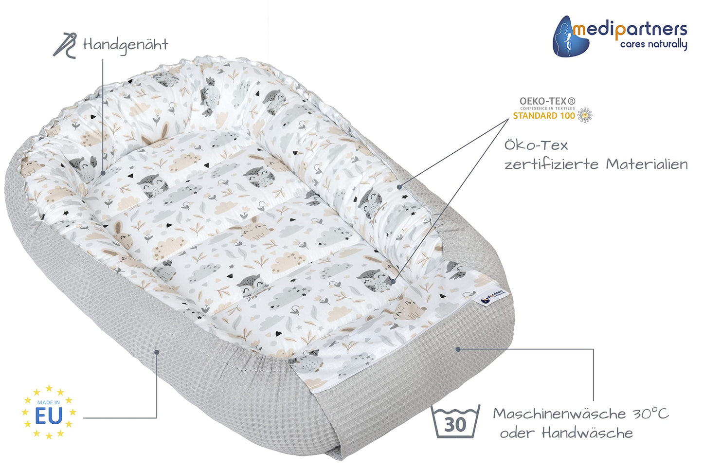 Medi Partners baby nest for newborns made of 100% cotton (100x60x15cm): owl motif