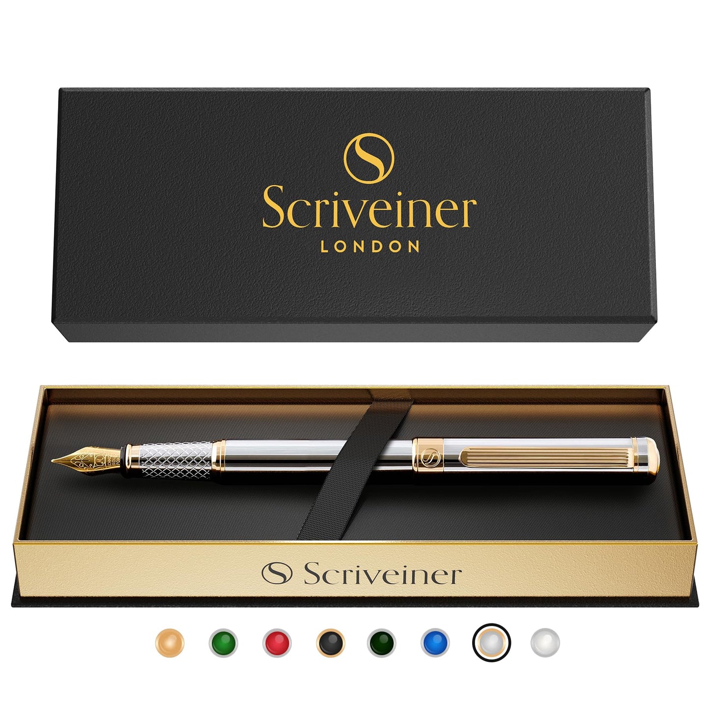 Scriveiner Silver Fountain Pen with Real Gold Finish, Schmidt Gold-Plated Nib (Medium), Best Gift for Men and Women, Managers, Executives (Silver Chrome)
