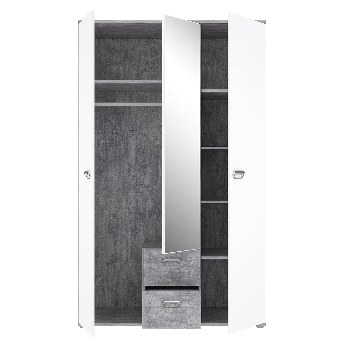 Kleiderschrank 'EMILY' mit Betonoptik und Spiegel: Lichtgrau mit Weiß (Modell: EMLS95-C251)