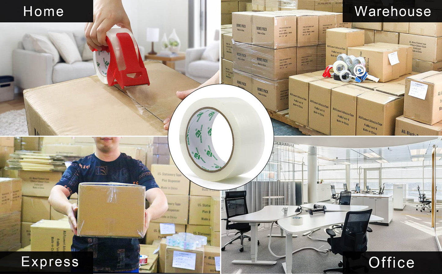 BOMEI PACK Parcel Tape Set | 6 rolls of clear 66m each + dispenser, versatile & easy to unwind