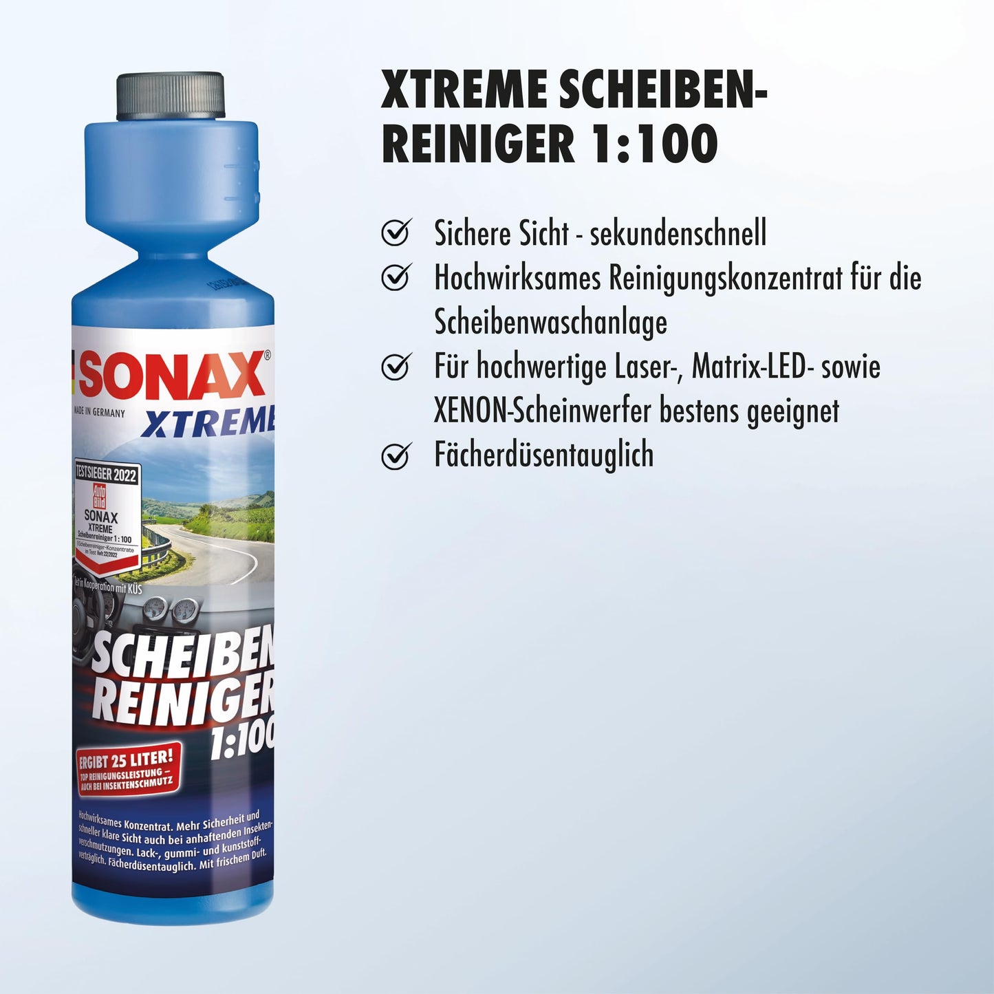 SONAX XTREME windscreen cleaner 1:100 (250ml) makes 25 liters of cleaning fluid for clear visibility