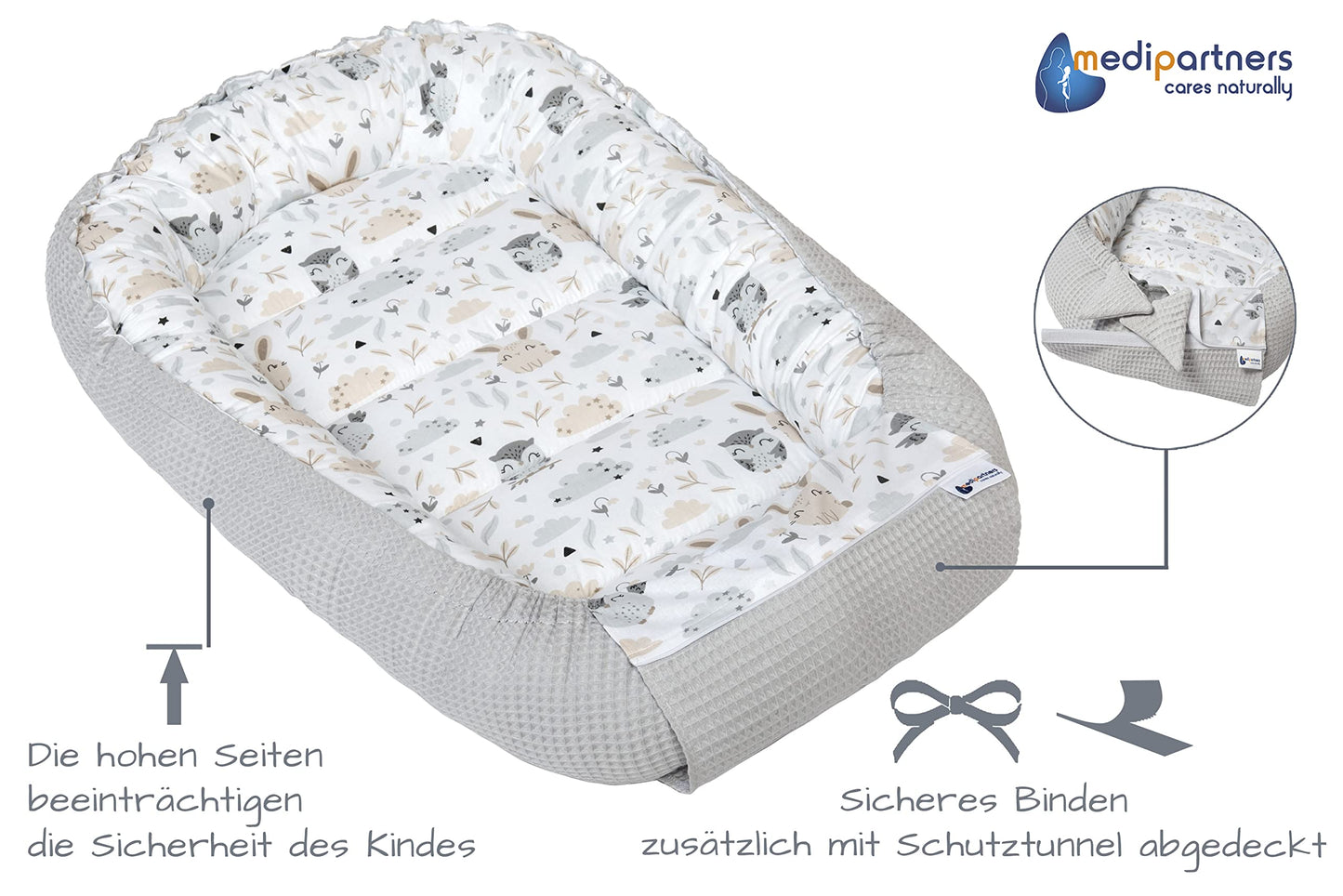 Medi Partners baby nest for newborns made of 100% cotton (100x60x15cm): owl motif