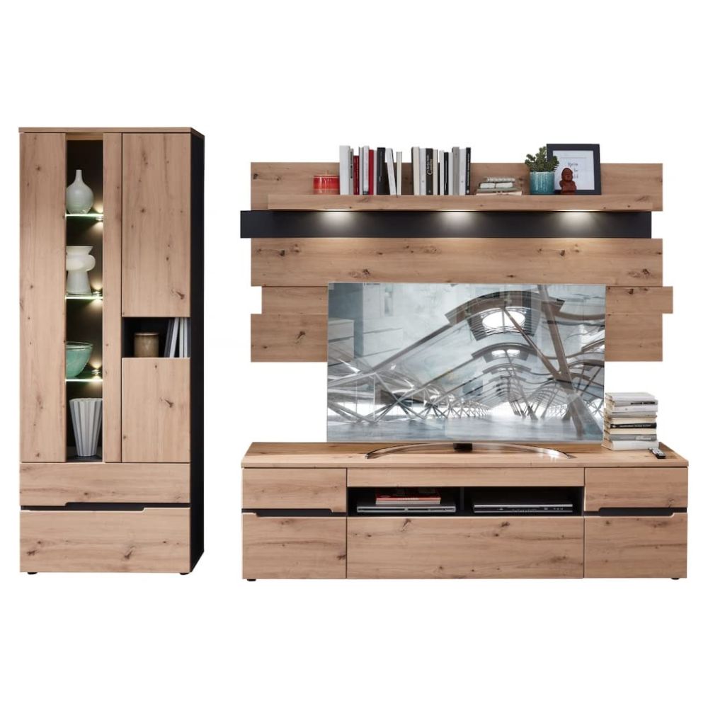MEMPHIS Wohnwand Komplett-Set in Artisan-Eiche Optik mit LED-Beleuchtung (287x197x47cm)