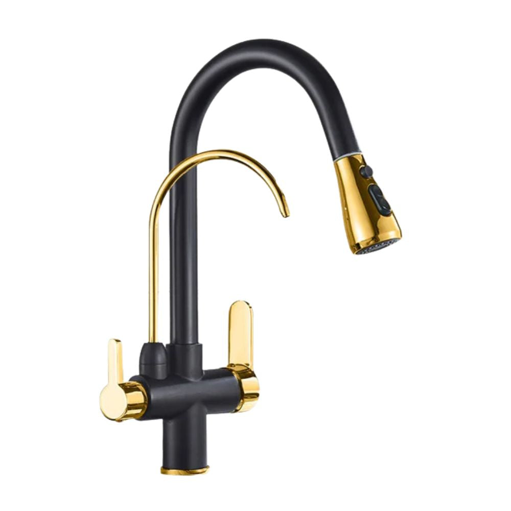 Dual-Wasserhahn mit Filteranschlussoption | 360° drehbar, herausziehbarer 3-Weg Sprüher (Schwarz-Golden)