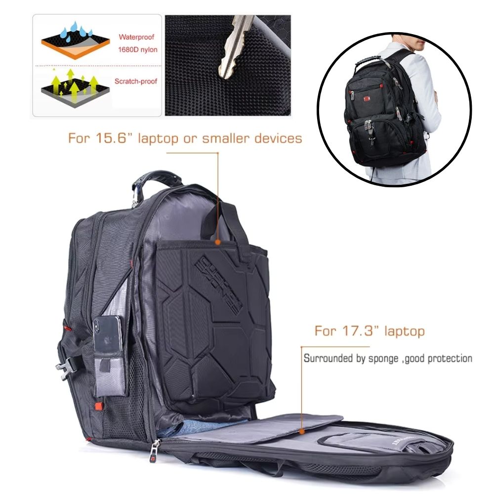 Swiss-Style 17-Zoll Multifunktionaler Reiserucksack mit USB-Anschluss, Wasserabweisend