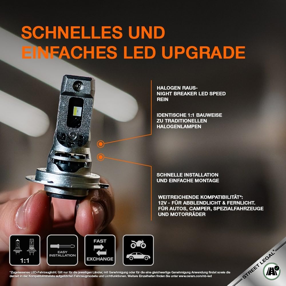 OSRAM Night Breaker (LED-Speed H7): High and low beam with road approval, 6000K