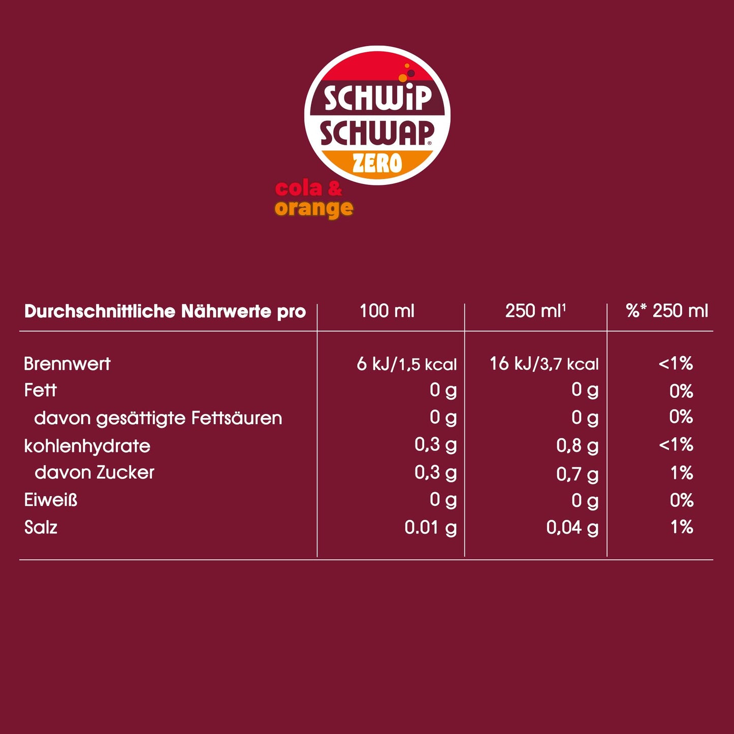 Schwip-Schwap ZERO XXL-Pack (6x 1.75l): Caffeinated cola soft drink with orange
