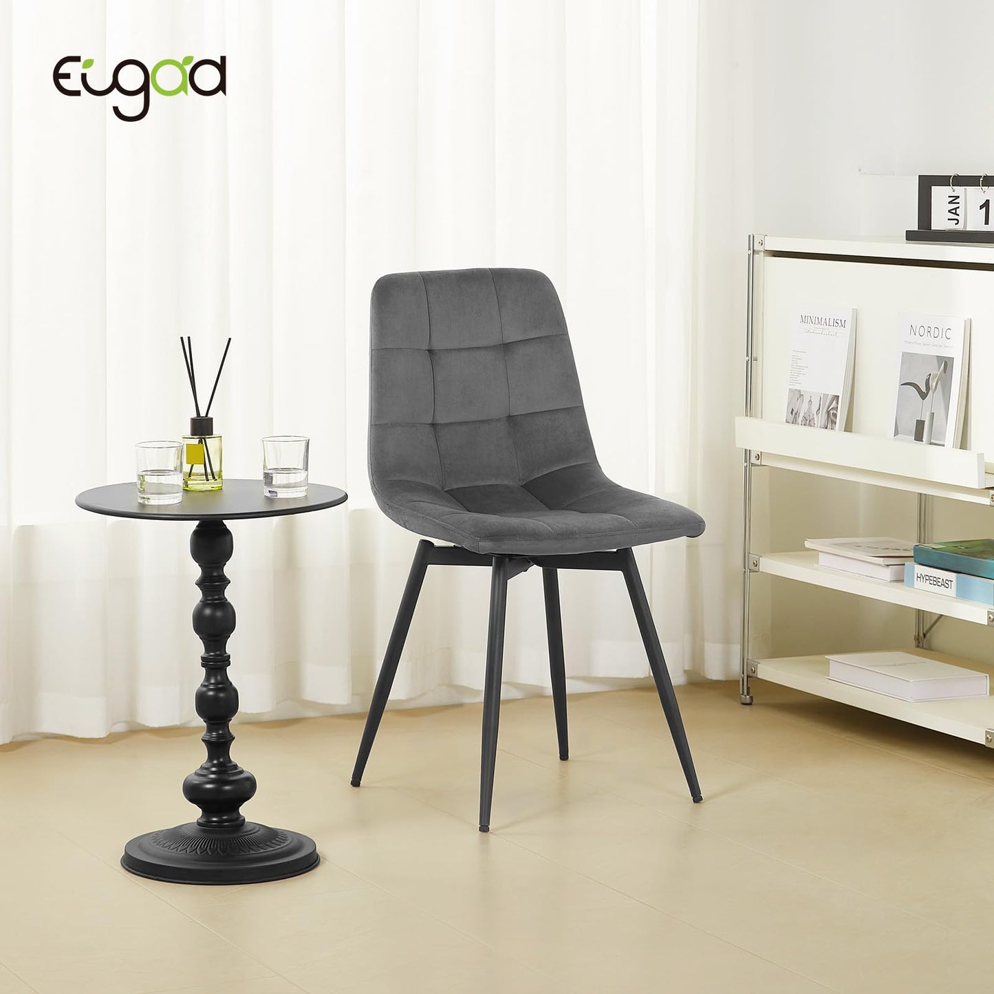 EUGAD Set of 4 Dining Chairs: Swivel Kitchen Upholstered Chair with Metal Legs (Dark Grey)