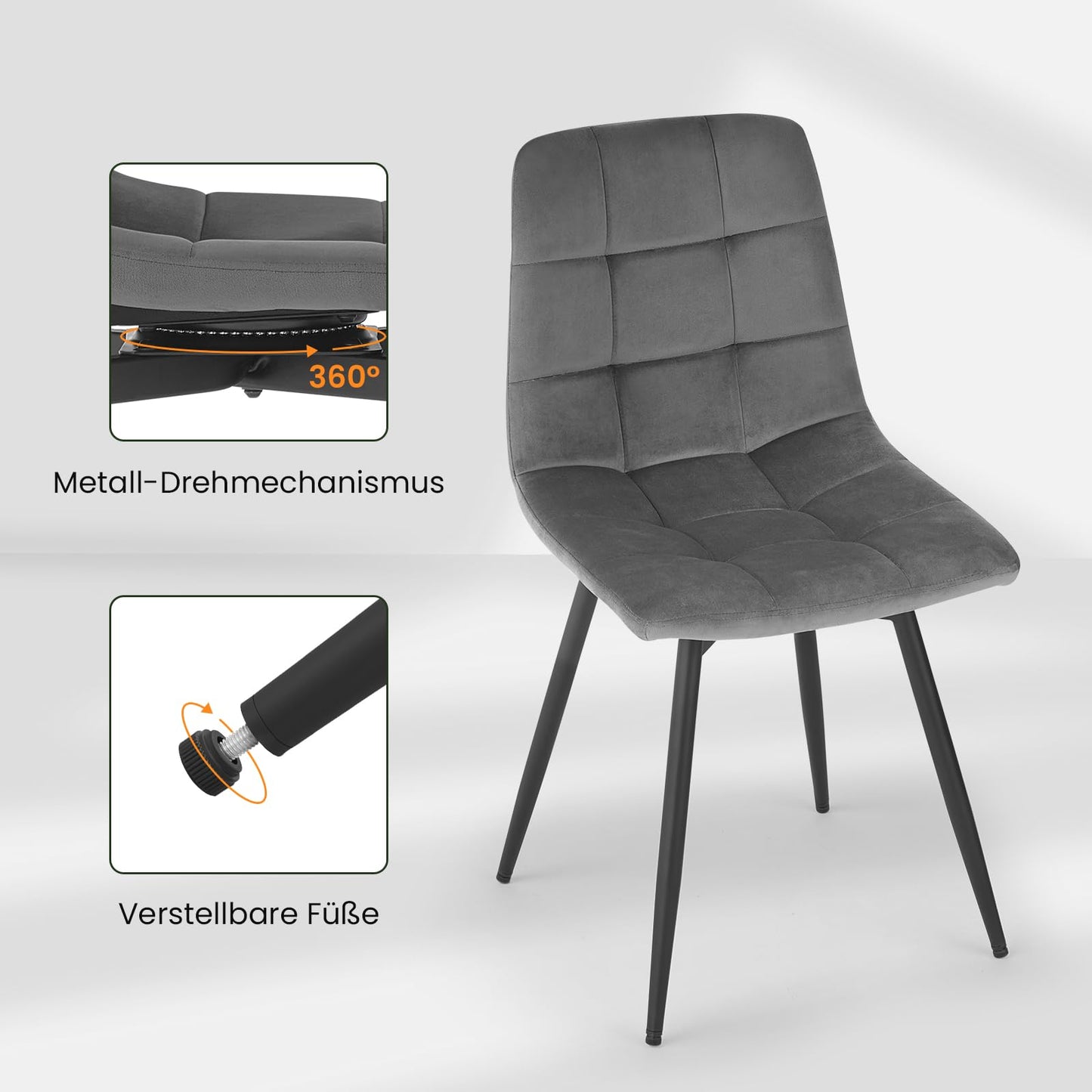EUGAD Set of 4 Dining Chairs: Swivel Kitchen Upholstered Chair with Metal Legs (Dark Grey)