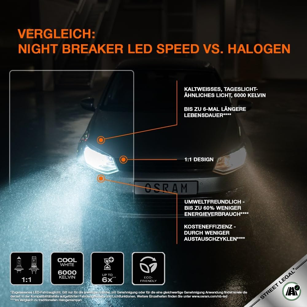 OSRAM Night Breaker (LED-Speed H7): High and low beam with road approval, 6000K