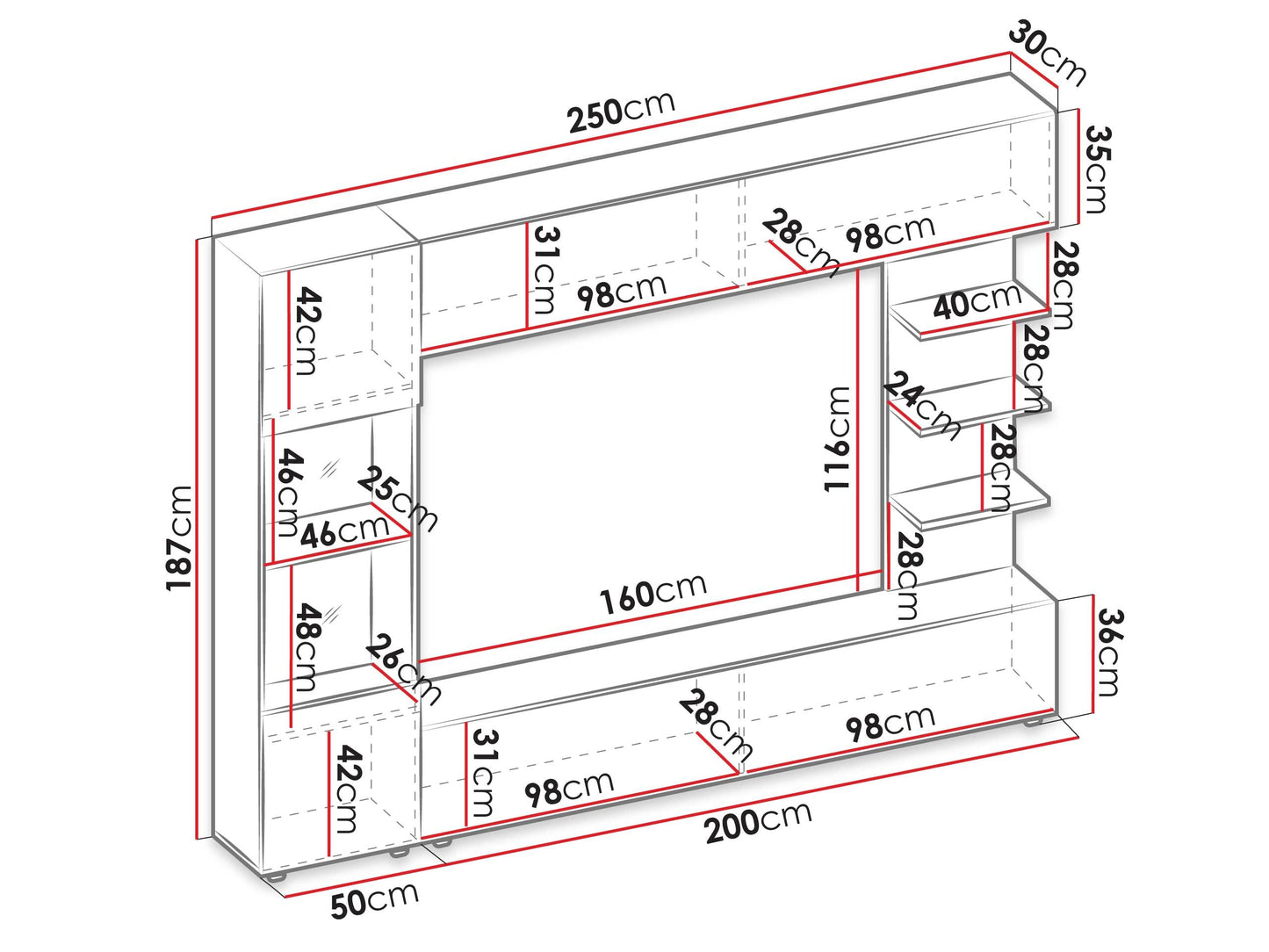 Wohnwand 'Lazando' | Mediawand, Vitrine, TV-Wand mit weißer LED Beleuchtung