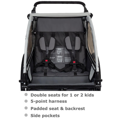 Tiggo 2-in-1 Bicycle Trailer with Buggy Set: 360° Rotatable with Suspension - max. 40 kg (Gray)