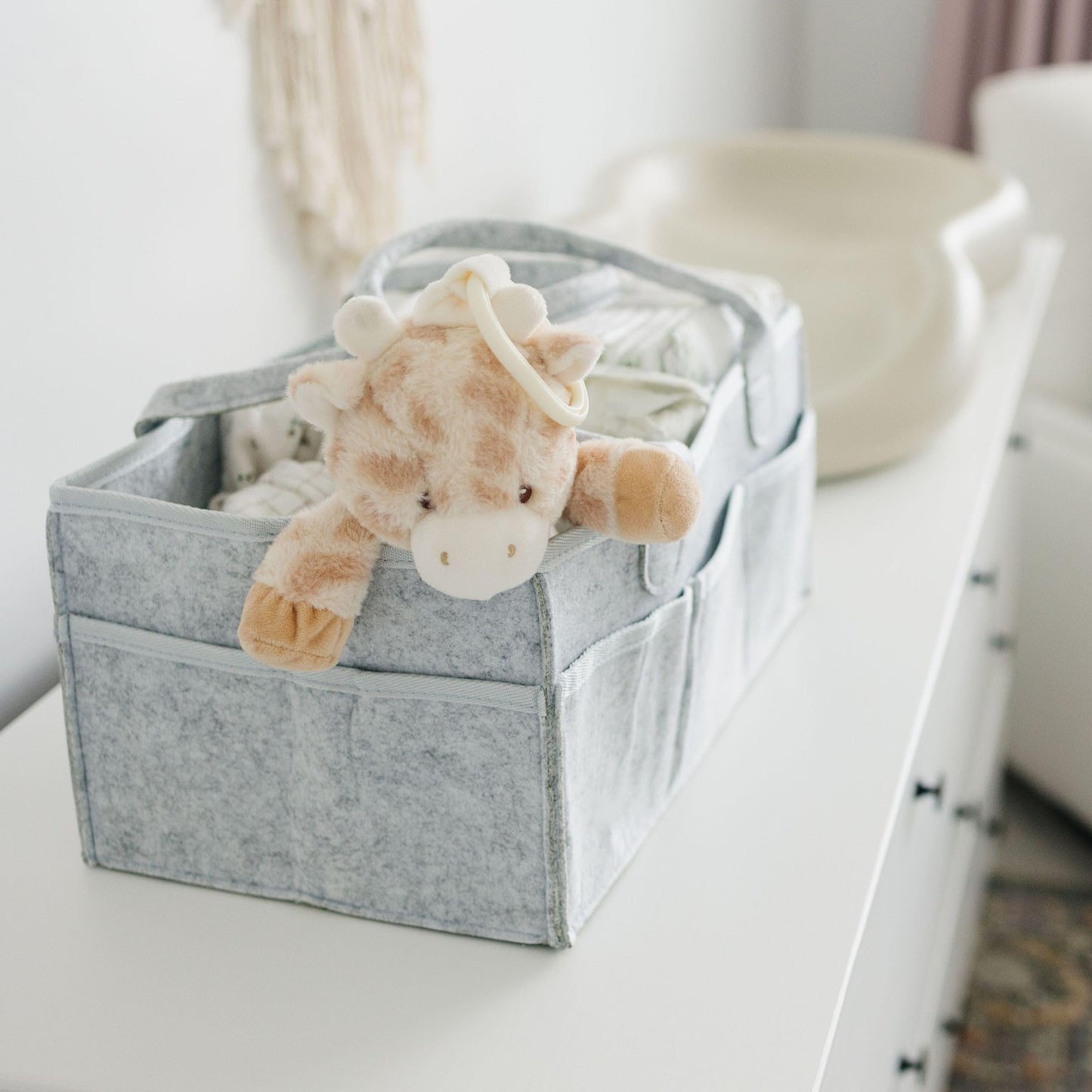 Storage basket for baby items, changing table &amp; care with 8 outside pockets: Baby gift