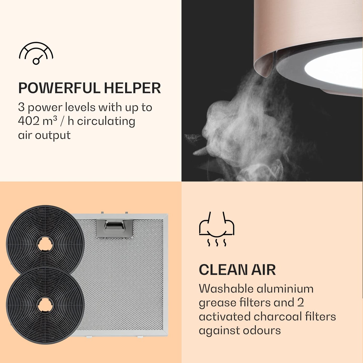 Klarstein Skyfall Smart Island Extractor Hood (Gold): Wi-Fi &amp; app control including activated carbon filter