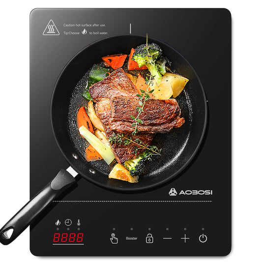 Aobosi Induction Hob 1 Plate, Induction Hob with Booster Function, 20 Power Levels and Temperature Levels, Compact Size, 2000W Portable Induction Hob, 10H Timer, Black