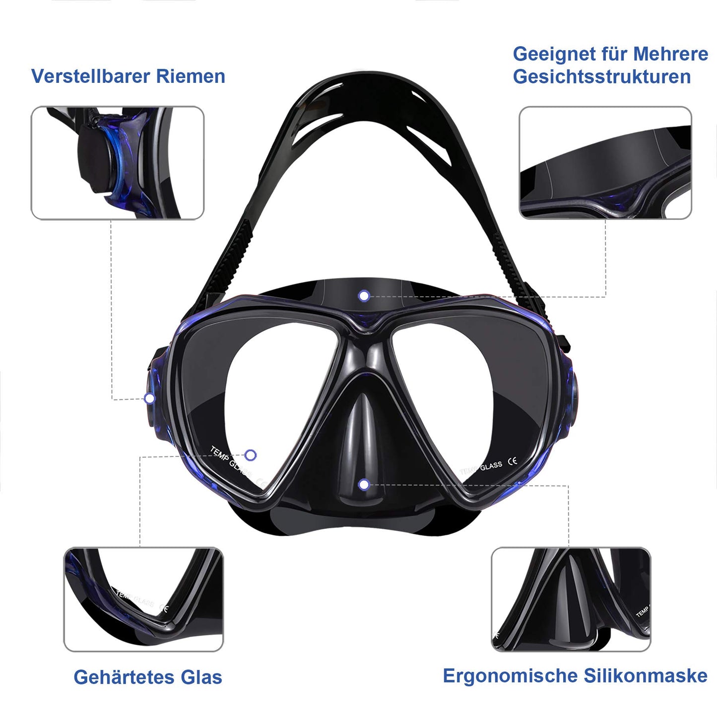 Set with snorkel and diving mask: Anti-fog 3-channel diving mask made of tempered glass