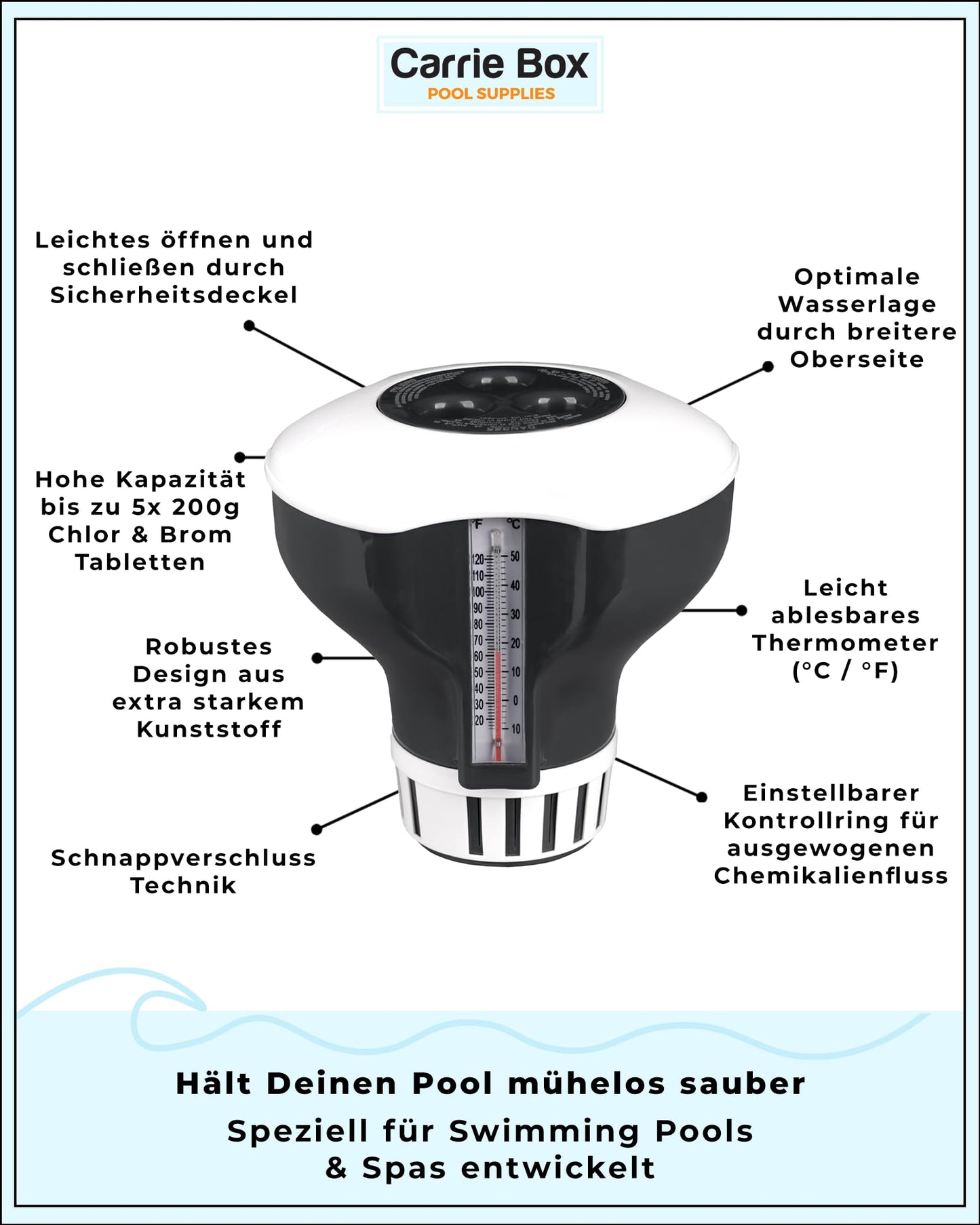 Carrie Box Dosing Float incl. Thermometer: Chlorine Dosing Device, Adjustable, 20 to 200g