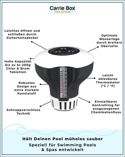 Carrie Box Dosing Float incl. Thermometer: Chlorine Dosing Device, Adjustable, 20 to 200g