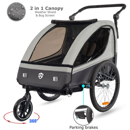 Tiggo 2-in-1 Bicycle Trailer with Buggy Set: 360° Rotatable with Suspension - max. 40 kg (Gray)