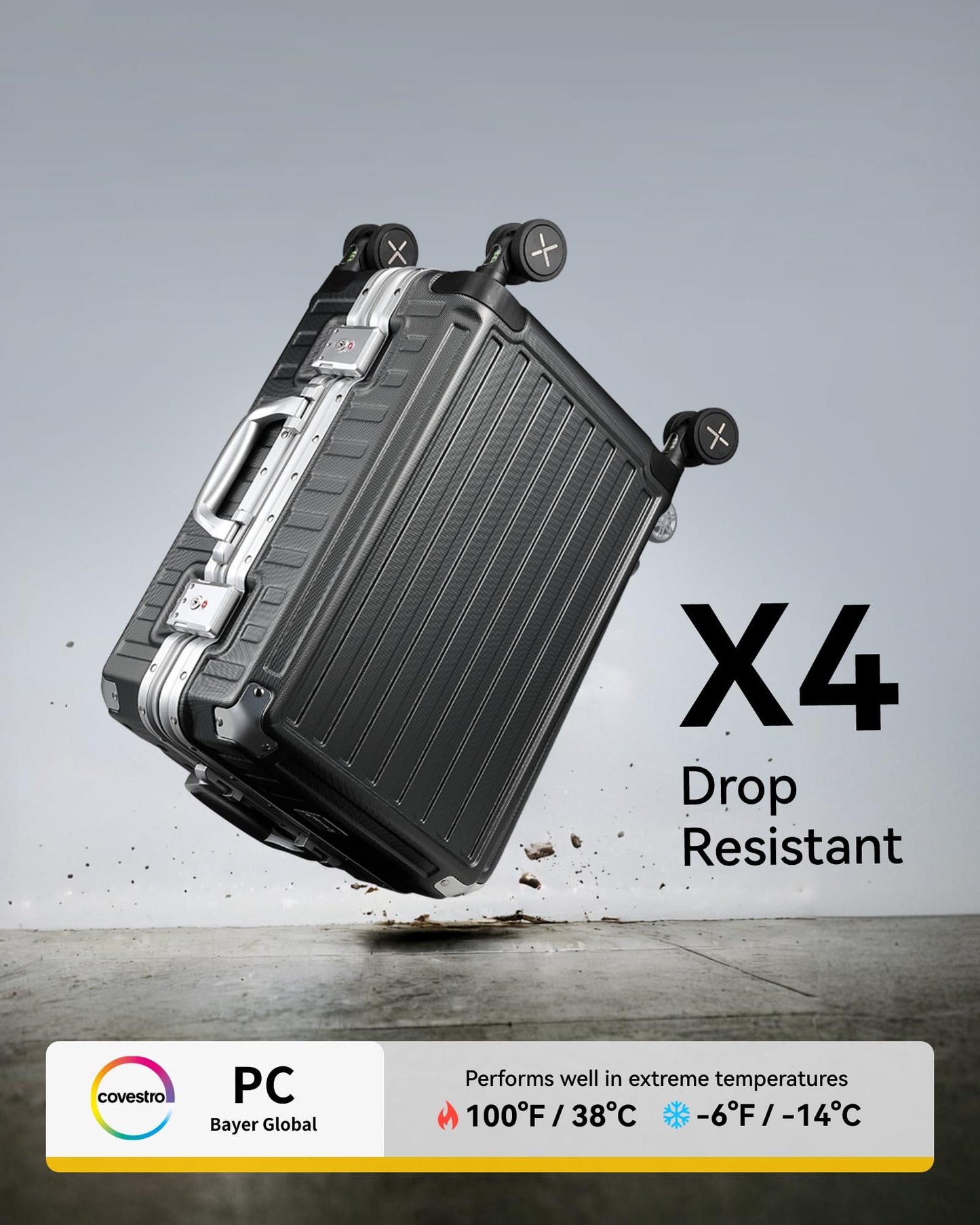 LUGGEX hard-shell travel suitcase with aluminum frame: Size: M (Black - 65cm - 60 liters)