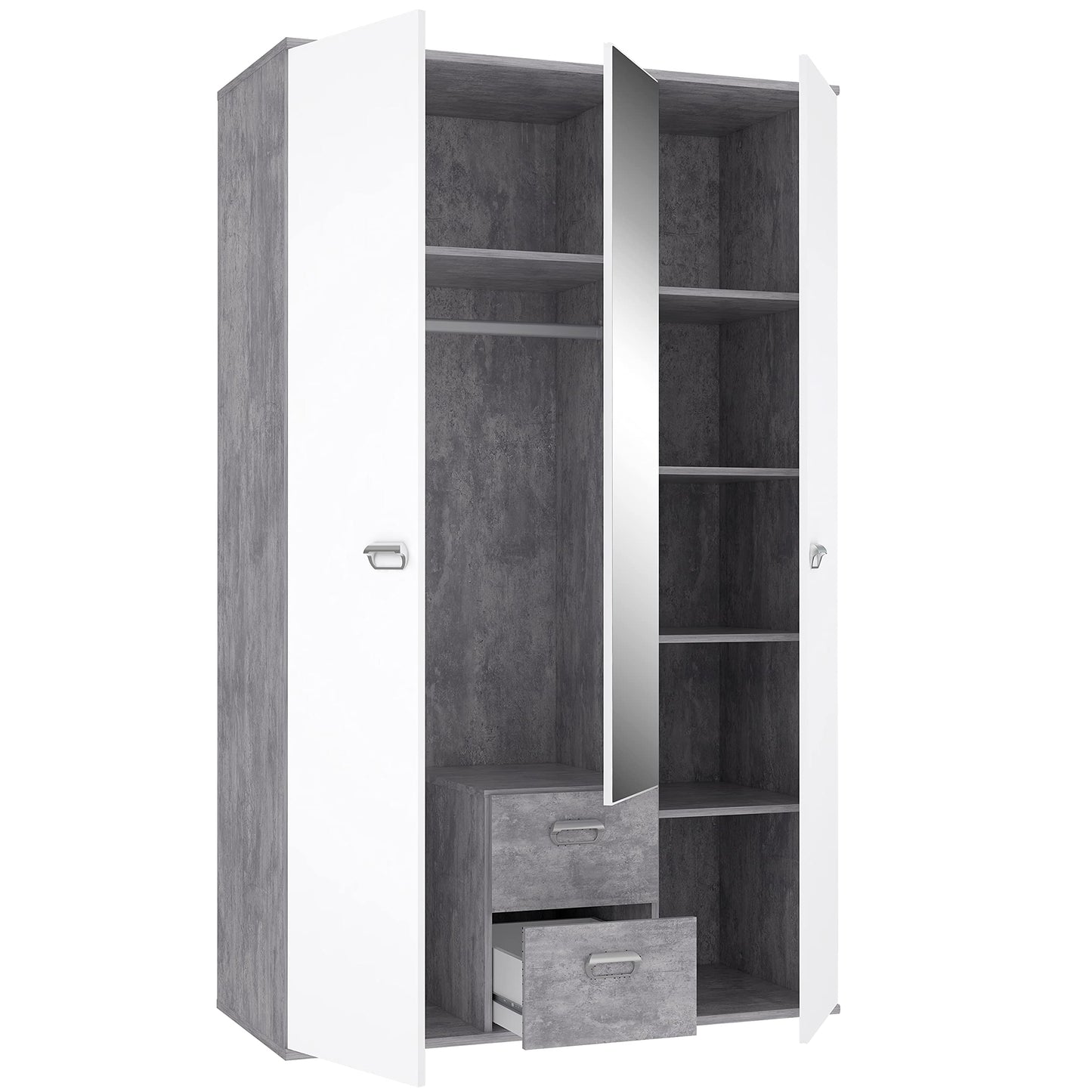 Kleiderschrank 'EMILY' mit Betonoptik und Spiegel: Lichtgrau mit Weiß (Modell: EMLS95-C251)