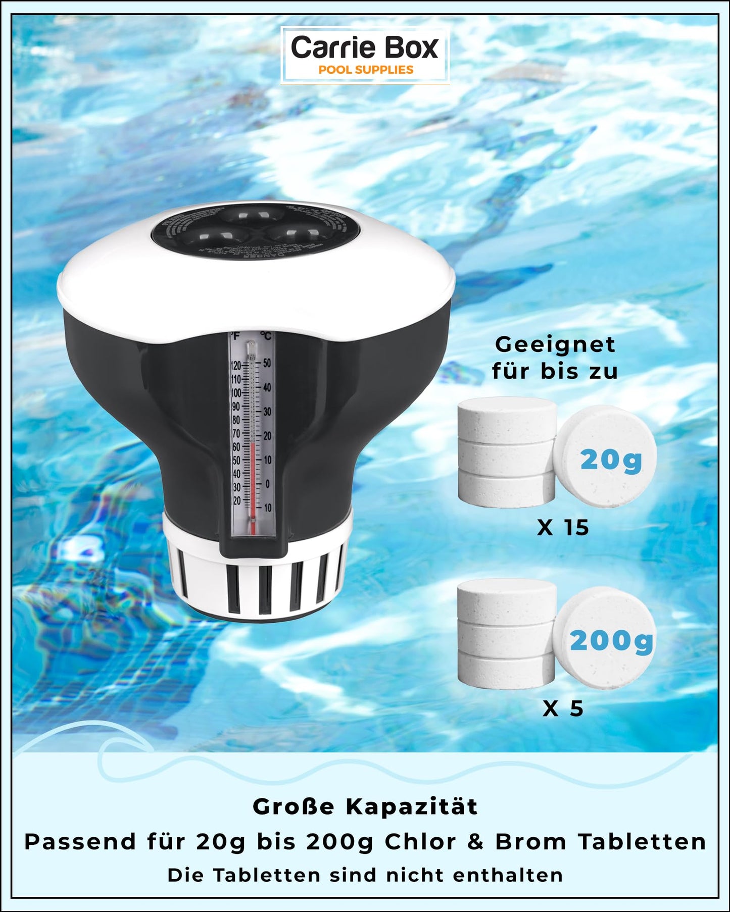 Carrie Box Dosing Float incl. Thermometer: Chlorine Dosing Device, Adjustable, 20 to 200g