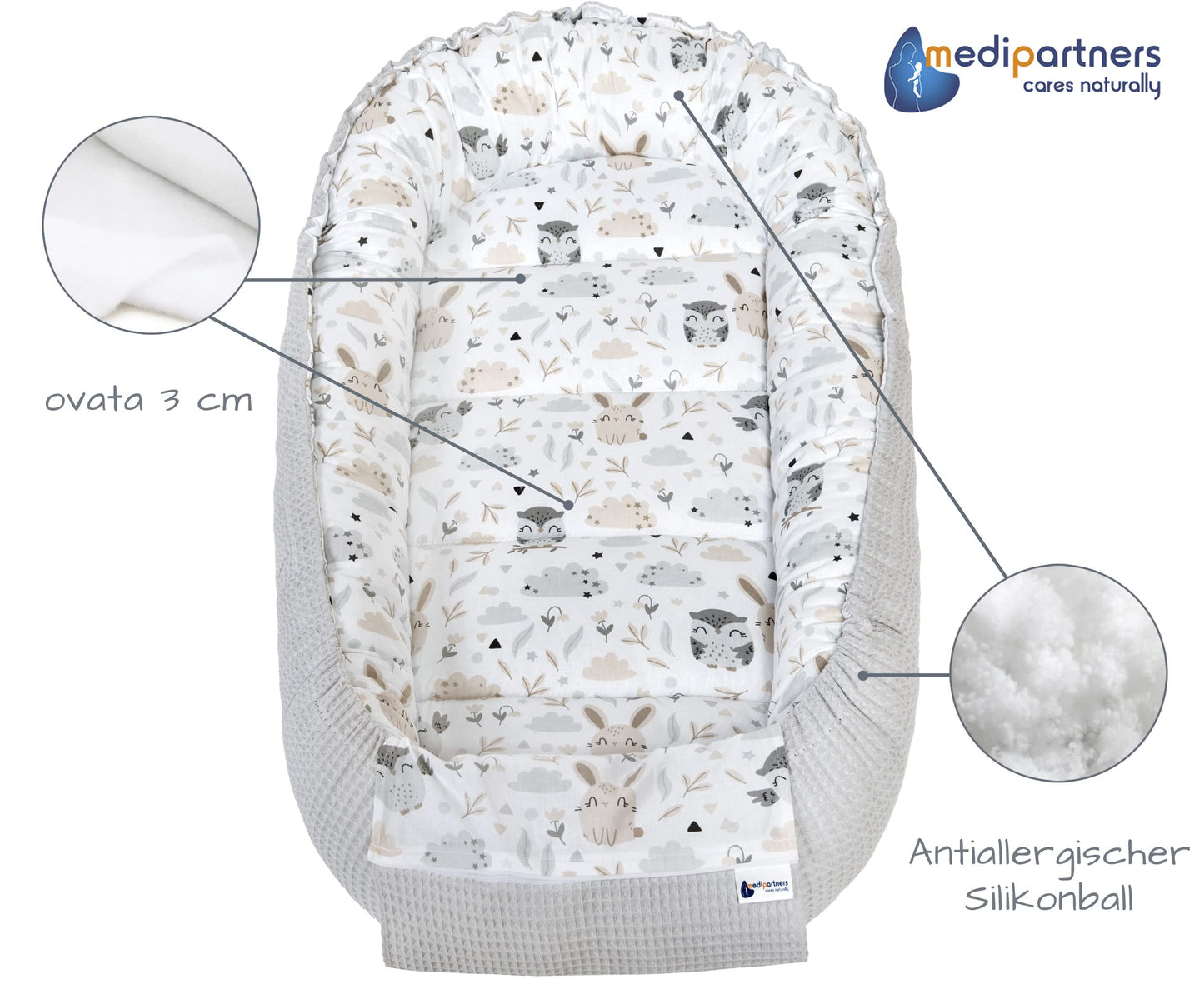 Medi Partners baby nest for newborns made of 100% cotton (100x60x15cm): owl motif