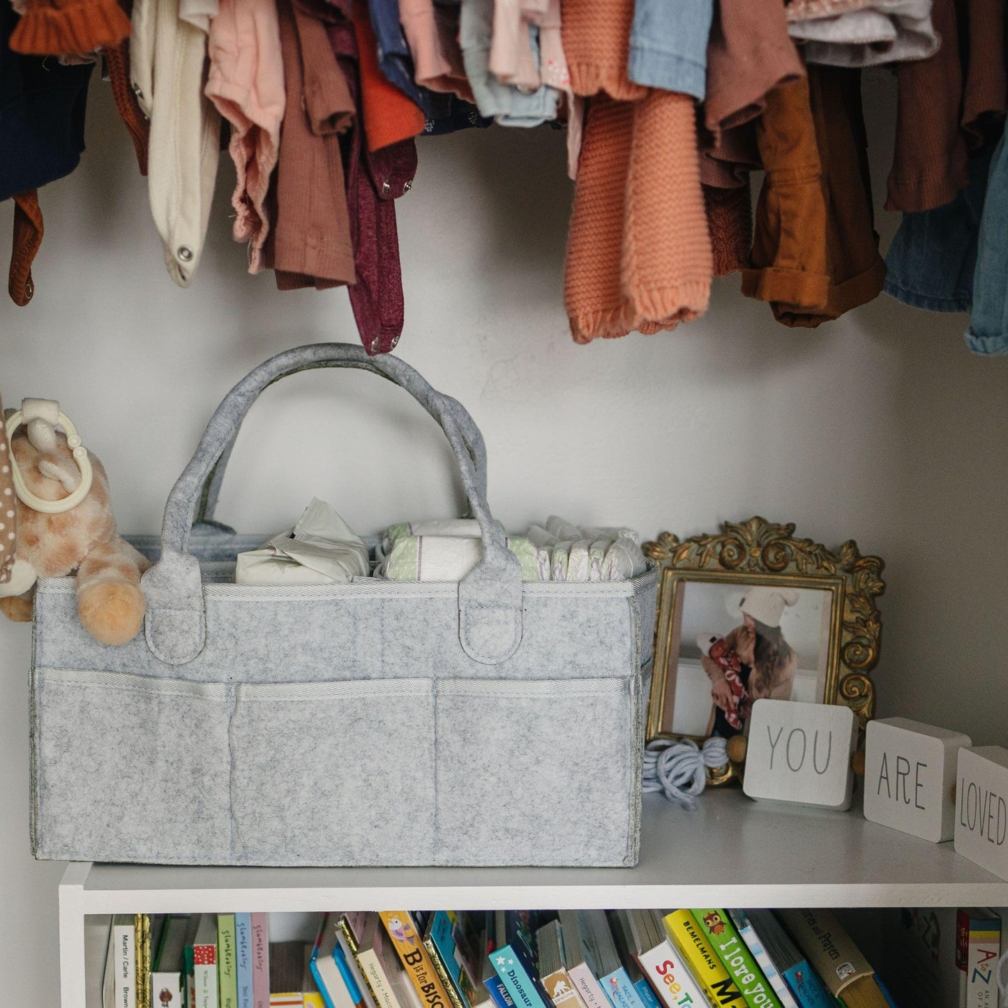 Storage basket for baby items, changing table &amp; care with 8 outside pockets: Baby gift