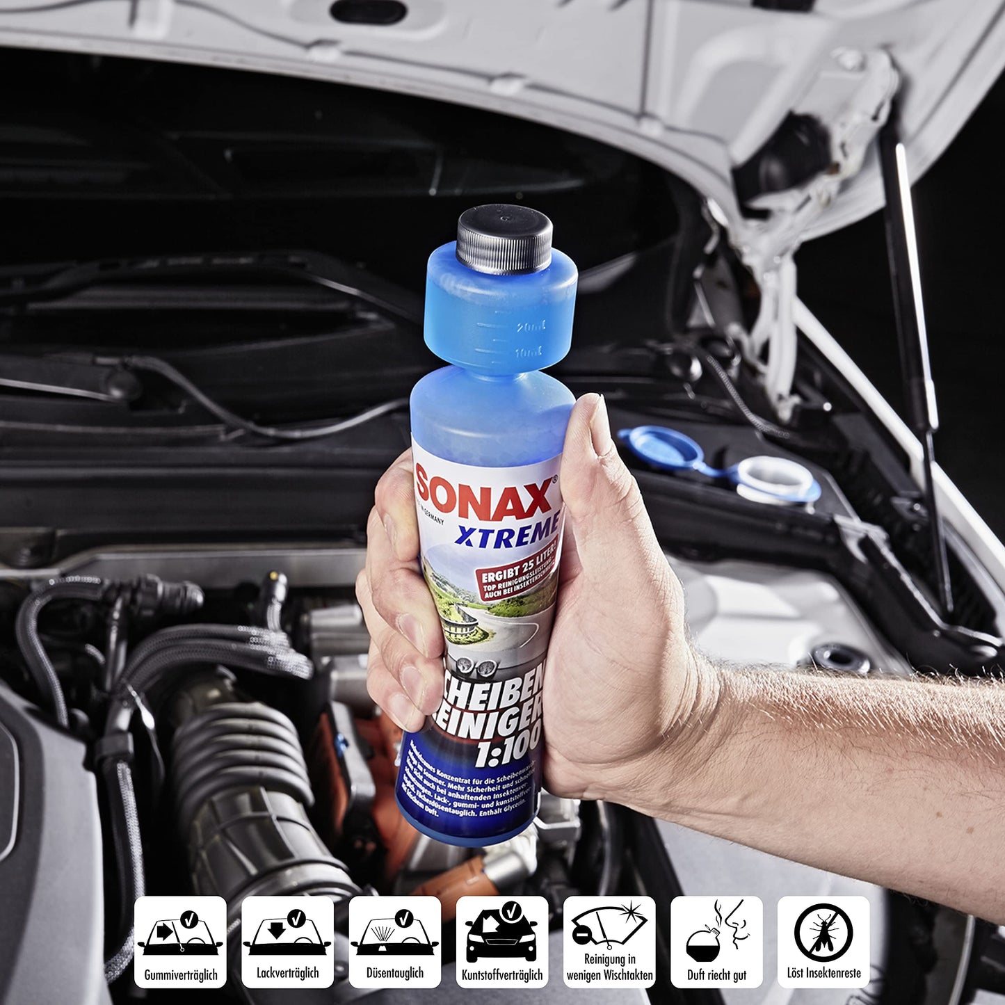 SONAX XTREME windscreen cleaner 1:100 (250ml) makes 25 liters of cleaning fluid for clear visibility