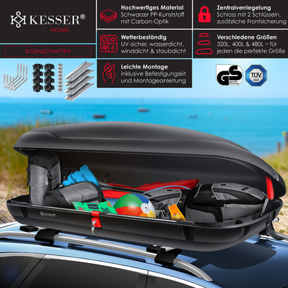 KESSER® Universal Auto Dachbox: Kfz Dachkoffer inkl. Zubehör | Abschließbar mit Carbon-Optik (320L)