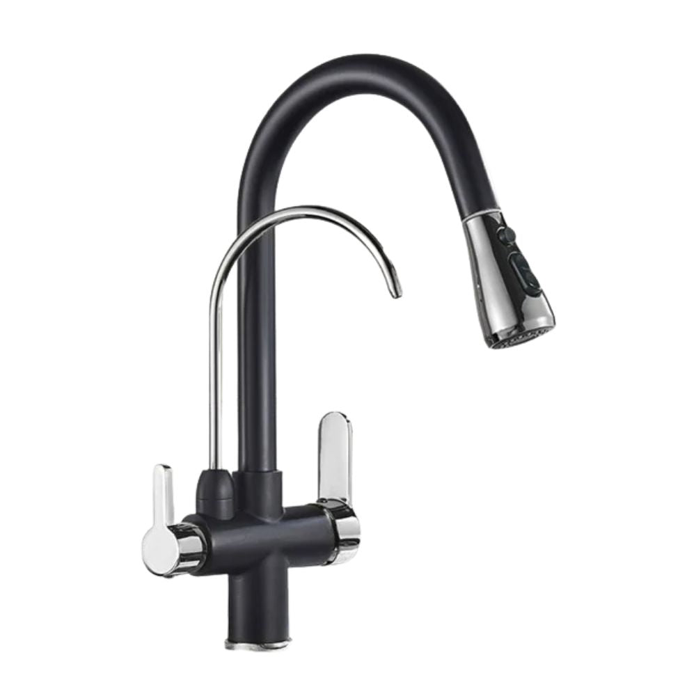 Dual-Wasserhahn mit Filteranschlussoption | 360° drehbar, herausziehbarer 3-Weg Sprüher (Schwarz-Chrom)