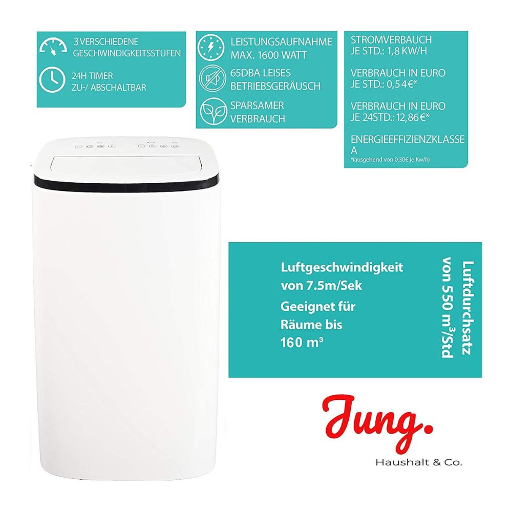 JUNG 'TV08' Mobile Air Conditioner with Remote Control: 16000 BTU, 4.7kW | Cooling, Dehumidifying, Ventilating