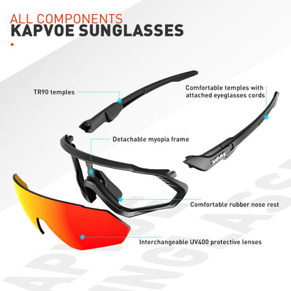 Kapvoe Unisex Sportbrille mit 5 austauschbare Gläser: UV400, TR90-Rahmen, Polarisierte Linse